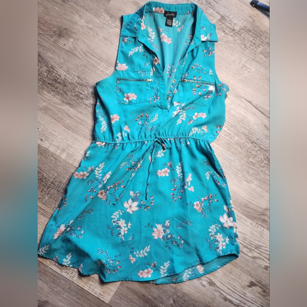 Justify Teal And Pink Floral Summer Dress With Zipper Pockets